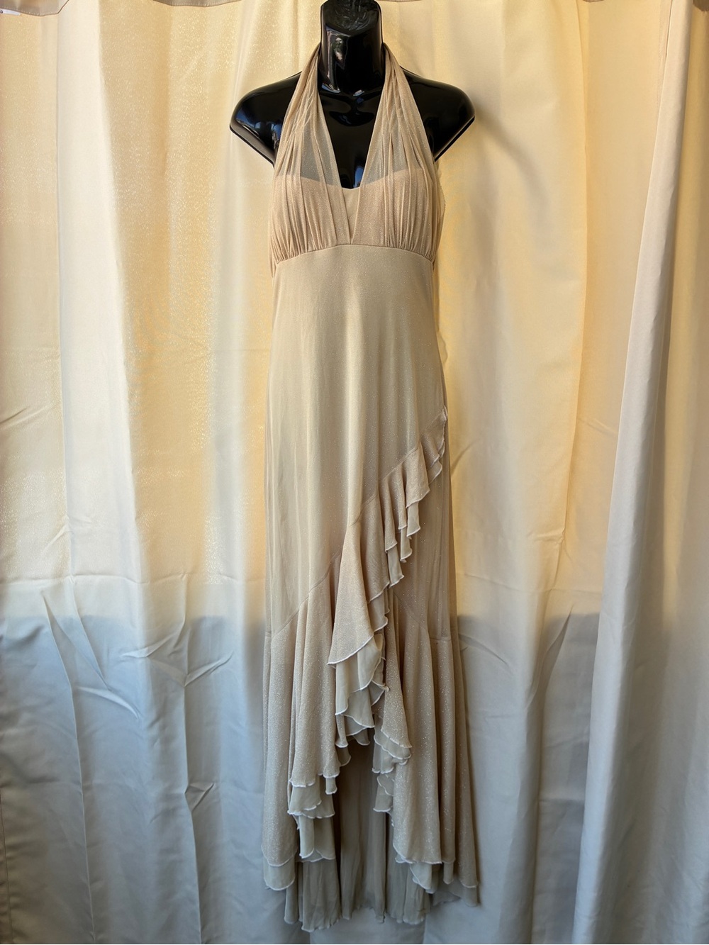 Vintage Gold Halter Dress with Ruffle Cascade